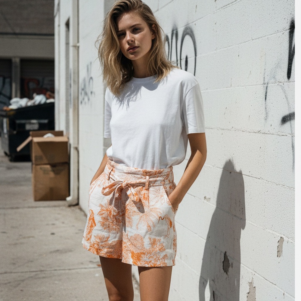 Italian Linen Tie-Waist Paperbag Shorts Tropical Print Medium